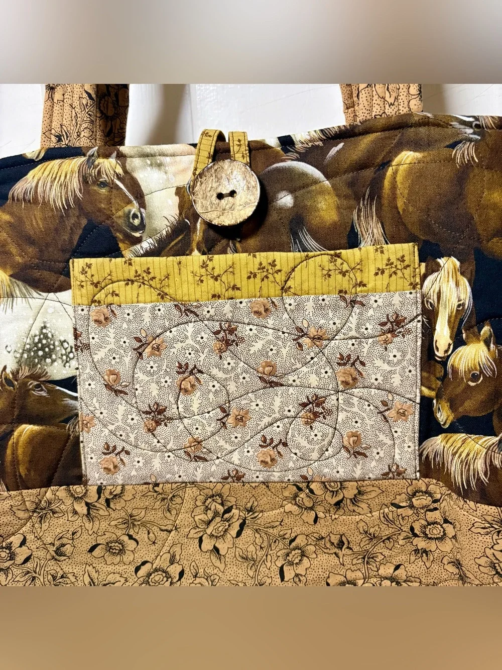Vintage 90s Brown Tan Quilted Floral Horse Print Tote Shoulder Bag Purse
